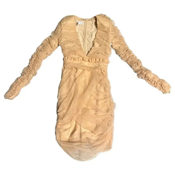 House of CB FLEUR Blush Pleated Tulle Deep V Dress , XS - Picture 3 of 12